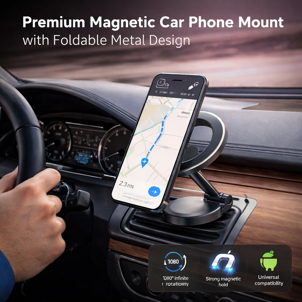 Premium Magnetic Car Phone Mount with Foldable Metal Design